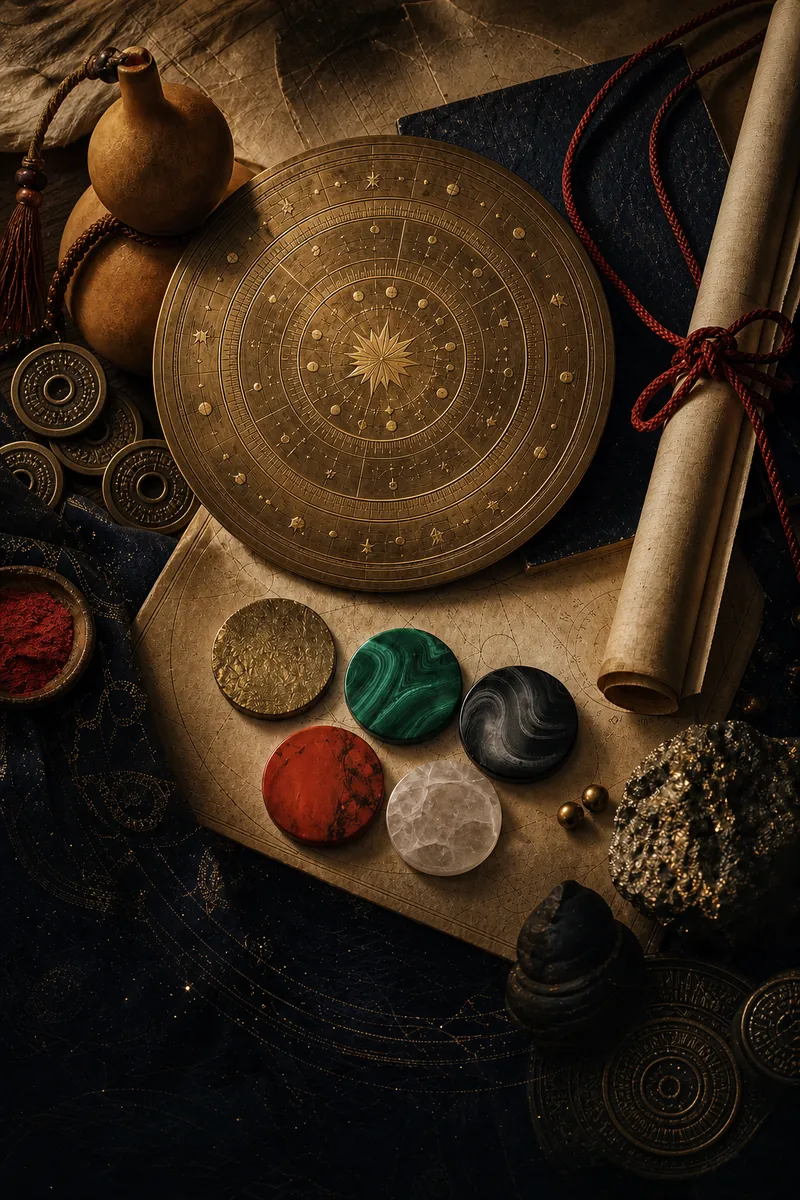 鎏金罗盘与五行能量构成的运势分析宣传封面